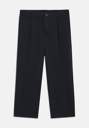 Svarte bukser med rett ben, knapp- og glidelåslukking foran, beltestropper og glatt, ensfarget stoff.