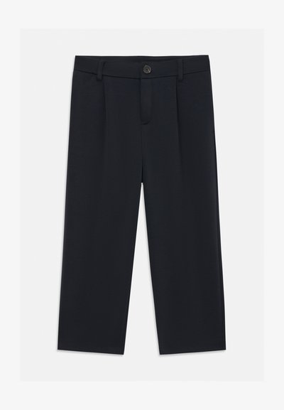 Pantaloni negri cu picior drept, cu închidere frontală cu nasture și fermoar, cu bucle pentru curea și o textură netedă, simplă a țesăturii.