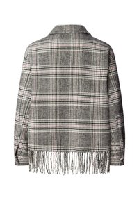 Harmaa ruudullinen takki, jossa on hienovaraisia vaaleanpunaisia yksityiskohtia. Tässä takissa on kauluksellinen kaula, pitkät hihat jafringed helma. Valmistettu teksturoidusta kankaasta.