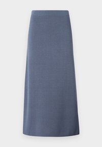 A knee-length, A-line skirt in a soft, textured blue fabric, featuring a smooth waistband and no visible closures or patterns.