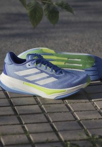 Blue athletic shoes with mesh upper, white stripes, and green accents. Features a textured sole and padded collar for comfort.