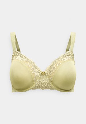 Rinnahoidja kergelt polsterdatud topstega helerohelises toonis, kaunistatud lillelise pitsiäärise ja väikese paelaga keskel. Reguleeritavad õlapaelad.