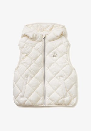 Veste sans manches matelassée de couleur crème avec capuche, fermeture éclair frontale, deux poches et petit logo brodé sur la poitrine.