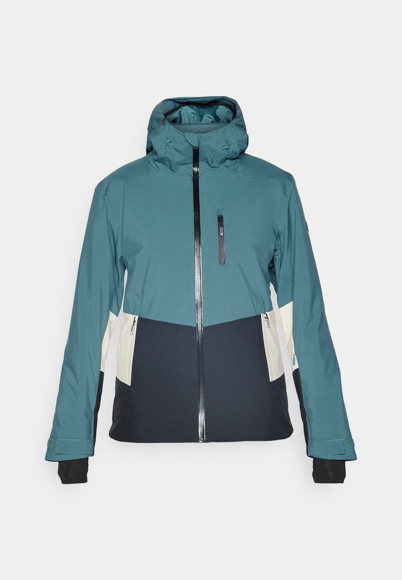 Türkis und schwarze Jacke mit einer taillierten Kapuze, Reißverschluss und Reißverschlusstaschen. Verfügt über kontrastierende cremefarbene Einsätze und elastische Bündchen.