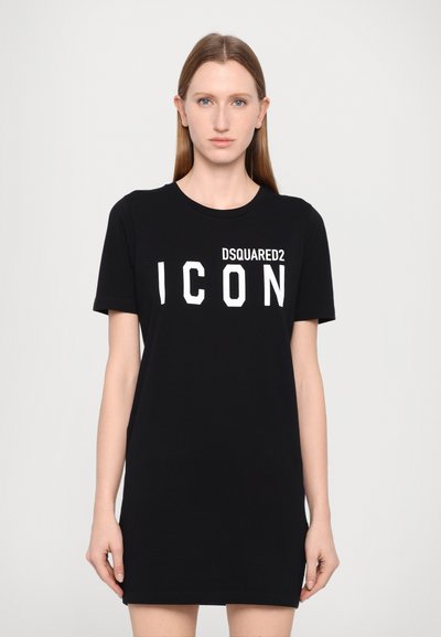 Robe t-shirt en coton noir avec des manches courtes, ornée d'une inscription blanche audacieuse "DSQUARED2 ICON" sur la poitrine. Design simple et droit.