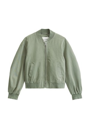 Kurtka bomberka w kolorze khaki z zamkiem błyskawicznym, elastycznymi mankietami i kieszeniami. Wykonana z lekkiego materiału o gładkiej fakturze.