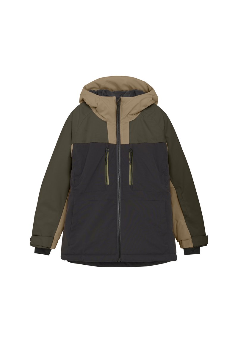 Giacca con cappuccio in verde scuro e beige, con zip frontale, due tasche sul petto e pannelli di colore contrastante. Presenta tessuto testurizzato e polsini regolabili.