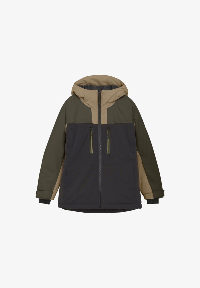 Tamsiai žalia ir smėlio spalvos gobtuvinė striukė su užtrauktuku priekyje, dviem krūtinės kišenėmis ir kontrastingomis spalvų juostomis. Pavyzdys su tekstūruota medžiaga ir reguliuojamais rankogaliais.