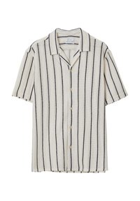Chemise à manches courtes, à boutons, de couleur crème avec des rayures verticales bleues marine, dotée d'un col évasé et de cinq boutons sur le devant. Tissu texturé.