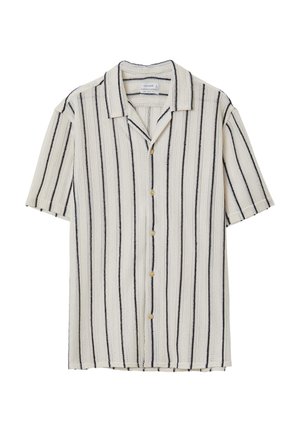 Short-sleeve, button-up shirt in cream with navy vertical stripes, featuring a spread collar and five buttons down the front. Textured fabric.