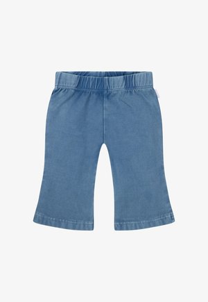 Pantalon bleu pour tout-petit avec taille élastique et jambes larges évasées, en tissu denim doux, posé à plat sur fond blanc.