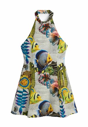 Robe sans manches col halter avec des motifs de poissons tropicaux colorés, d’algues et de corail sur fond blanc à pois noirs.