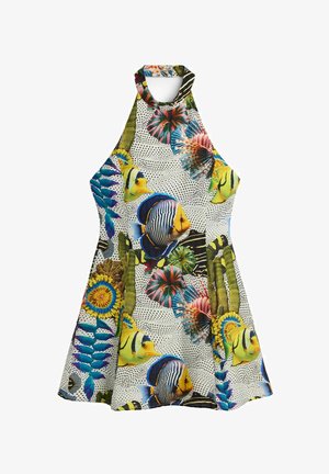 Ärmelloses Neckholderkleid mit bunten tropischen Fischen, Seegras und Korallen auf weißem Hintergrund mit schwarzen Punkten.
