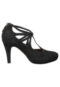 Černý semišový dámský vysoký podpatek s průřezovým designem a řemínky kolem kotníku. Obsahuje kulatou špici a polstrovanou platformu pro větší pohodlí.