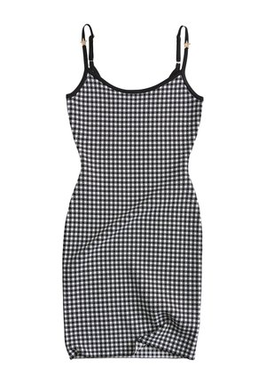 Czarna i biała sukienka w kratę bez rękawów z cienkimi regulowanymi ramiączkami ozdobiona małymi dekoracjami w kształcie gwiazdek.