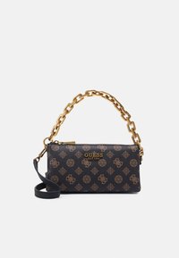 Musta tekstuuriga käekott kuldse ahela käepidemega, millel on monogrammimuster ja eemaldatav rihm. Sisaldab brändi logo detaili.