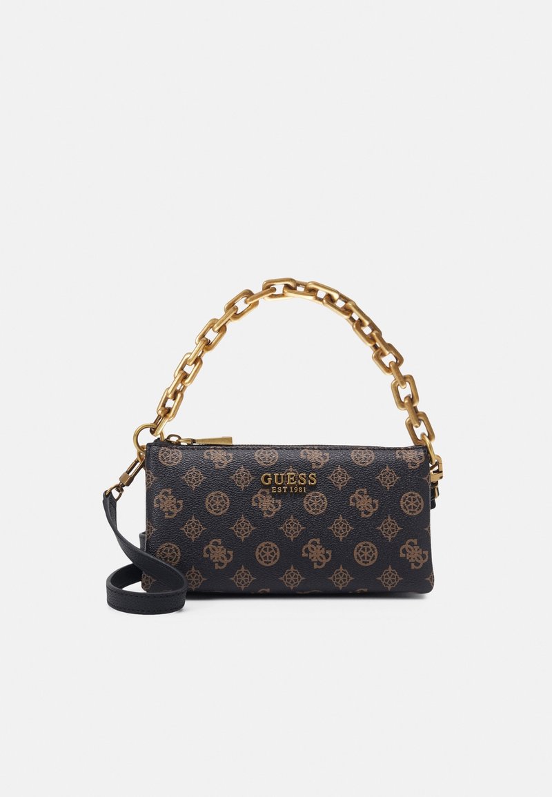 Musta tekstuuriga käekott kuldse ahela käepidemega, millel on monogrammimuster ja eemaldatav rihm. Sisaldab brändi logo detaili.