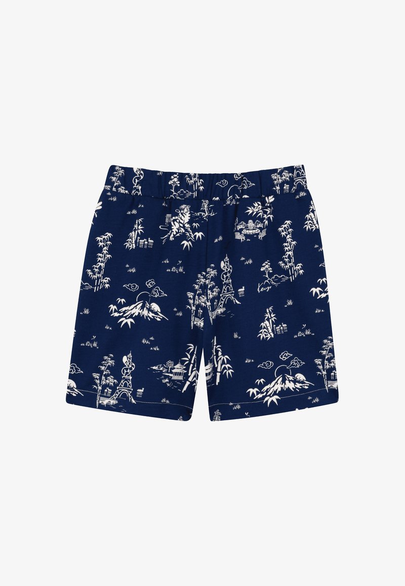 Navy blue shorts featuring a white botanical and landscape pattern. Elastic waistband, smooth fabric with a lightweight design.