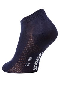 Chaussette de cheville marine en tissu doux, affichant un motif texturé, un revers ribbed et une marque blanche sur le côté avec un indicateur de taille.