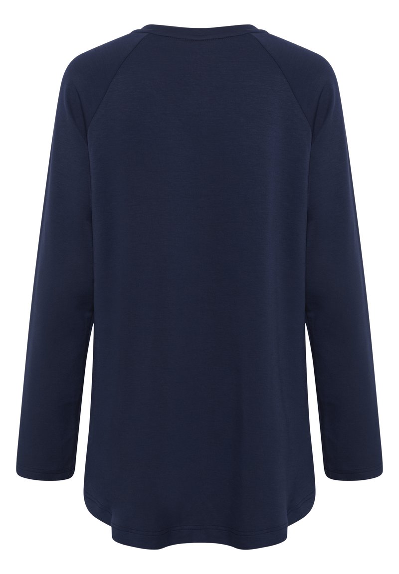 Chemise à manches longues bleu marine avec un ourlet arrondi et des manches raglan. Fabriquée en tissu lisse, elle présente un design simple, de couleur unie, sans motifs.