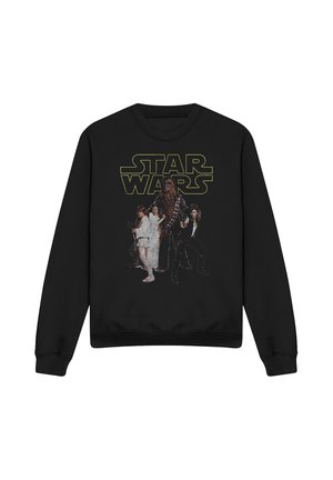 Black sweatshirt featuring Star Wars text and characters Luke Skywalker, Princess Leia, Chewbacca, and Han Solo in standing poses.