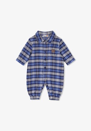 Grenouillère bébé à manches longues à carreaux bleu et gris avec col, boutons sur le devant, poignets élastiqués et petit patch logo Timberland sur la poitrine.