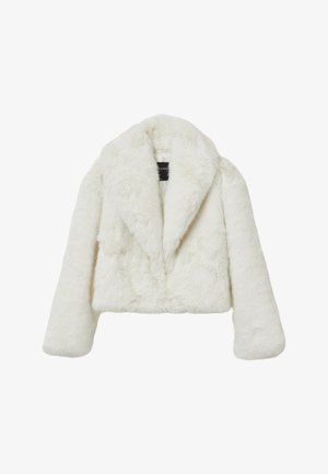 Cropped white faux fur jacket with a wide lapel, long sleeves, and a soft, textured surface. Features a label on the inner lining.