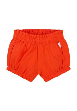 Shorts en coton orange avec une taille élastique, dotés d'un ourlet froncé et d'une étiquette sur le côté. Texture douce et coupe décontractée.