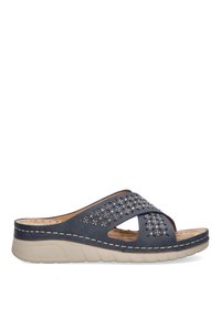 Infradito blu navy con design perforato e dettagli argentati. Soletta in sughero e suola testurizzata di colore chiaro. Presenta cinghie incrociate.