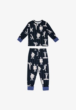 Pyjama pour enfants bleu marine avec des chefs de dessin animé blancs et des ustensiles de cuisine, poignets bleus aux manches et aux jambes du pantalon.
