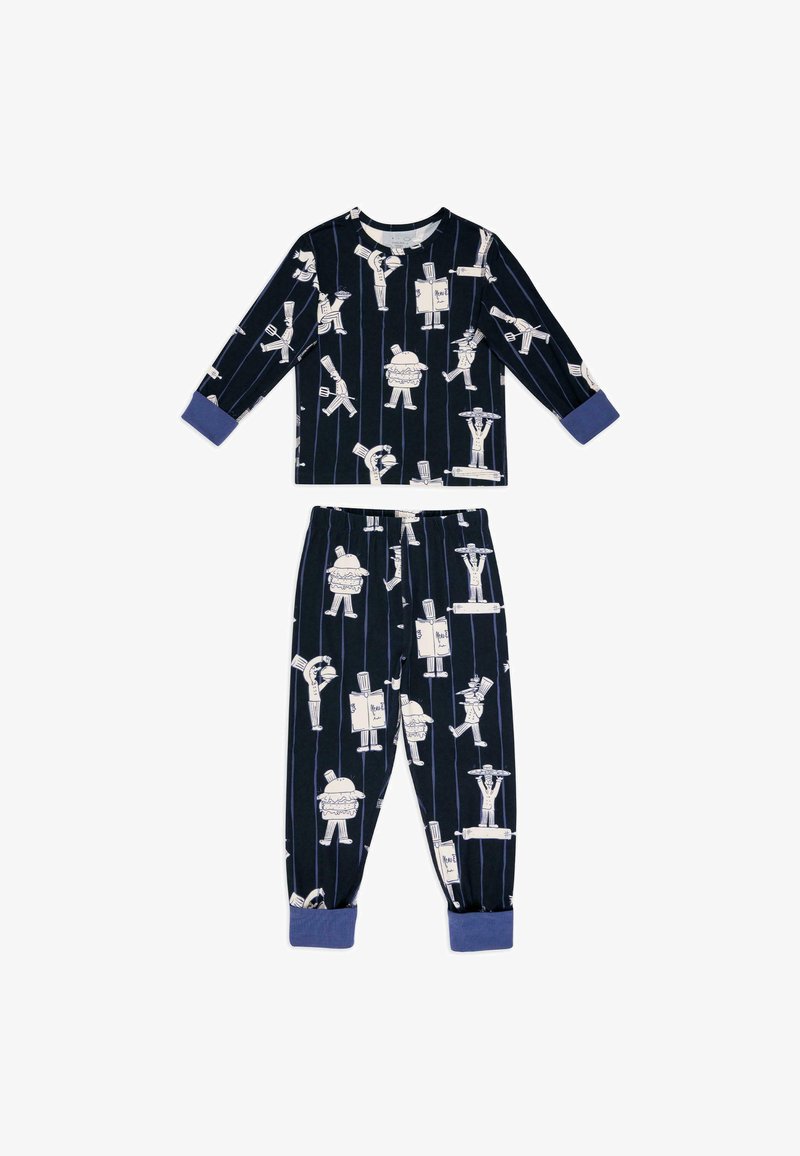 Pyjama pour enfants bleu marine avec des chefs de dessin animé blancs et des ustensiles de cuisine, poignets bleus aux manches et aux jambes du pantalon.