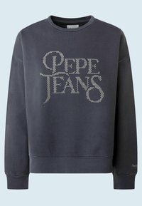 Felpa grigia scura con un grafico testurizzato "Pepe Jeans" in strass sulla parte anteriore; scollatura rotonda e polsini a coste.