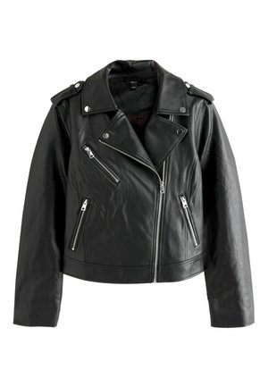 Schwarze Leder-Bikerjacke mit silbernen Beschlägen, asymmetrischem Reißverschluss und Schulterklappen. Glatte Textur mit einer taillierten Passform.