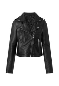 Chaqueta de motocicleta de cuero negro con un diseño corto, cremallera asimétrica y acentos de hardware plateado. Cuenta con un collar abotonado y bolsillos laterales.