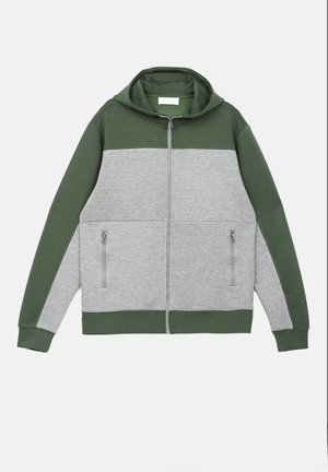 Hooded zip-up sweatshirt in dark green and gray. Features a front zip, two side pockets, and a color-blocked design with ribbed trims.