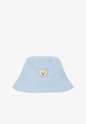 Blue and white striped bucket hat made of fabric with a soft texture, featuring an embroidered bear face detail on the front.