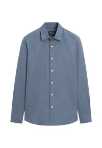 Modrá košile s dlouhým rukávem z chambray látky, s špičatým límečkem, šesti knoflíky vpředu a rovný lem.