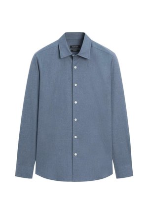 Blaues langärmeliges Hemd mit Knöpfen, gefertigt aus Chambray-Stoff, mit spitzem Kragen, sechs Knöpfen vorne und geradem Saum.