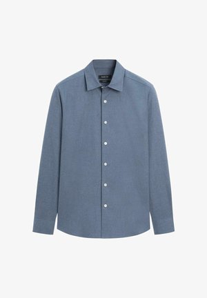 Blaues langärmeliges Hemd mit Knöpfen, gefertigt aus Chambray-Stoff, mit spitzem Kragen, sechs Knöpfen vorne und geradem Saum.