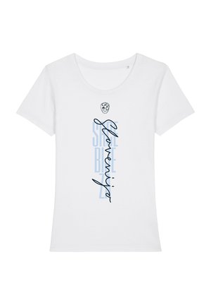 T-shirt blanc à manches courtes avec un petit logo au-dessus d'un texte vertical indiquant « Star Blue 72 » en bleu clair et « Harmony » en cursive noire.