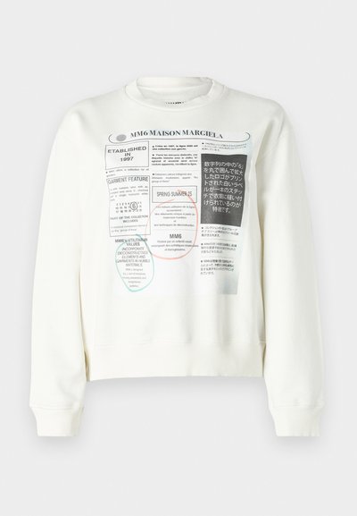 White sweatshirt featuring a graphic print with text and circles. Ribbed crew neck and cuffs. Relaxed fit with cropped design.