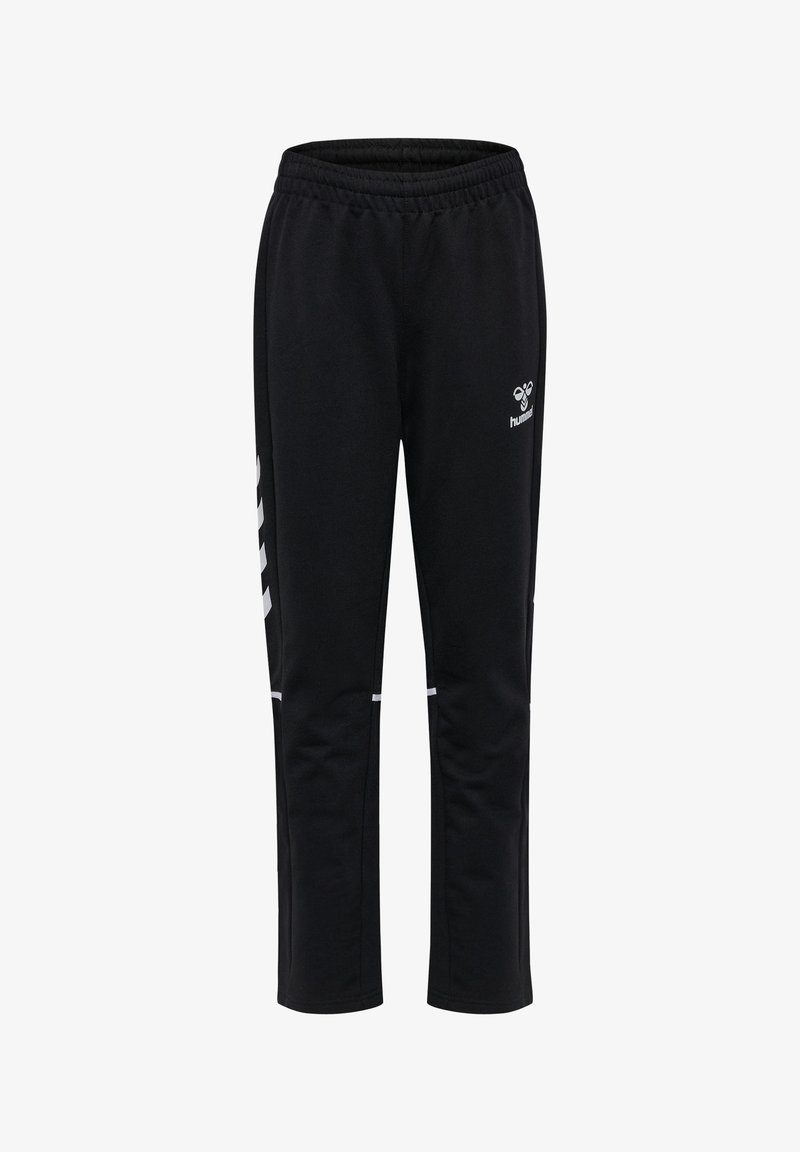 Pantaloni sportivi neri con fascia elastica in vita, logo del marchio bianco sulla coscia e strisce a chevron bianche sui lati delle gambe.