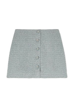Grijze tweed mini-rok met een rij van zes decoratieve knopen aan de voorkant en een rechte, gestructureerde vorm.