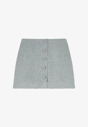 Šedá mini sukně z tvídu s předním řadícím šesti dekorativními knoflíky a přímým, strukturovaným střihem.