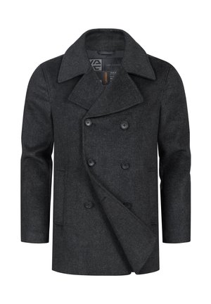 Czarny wełniany płaszcz w kolorze ciemnoszarym, zapinany na podwójne guziki, z dużymi klapami, czarnymi guzikami i bocznymi kieszeniami. Prosty krój z teksturowanej tkaniny.