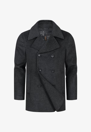 Czarny wełniany płaszcz w kolorze ciemnoszarym, zapinany na podwójne guziki, z dużymi klapami, czarnymi guzikami i bocznymi kieszeniami. Prosty krój z teksturowanej tkaniny.