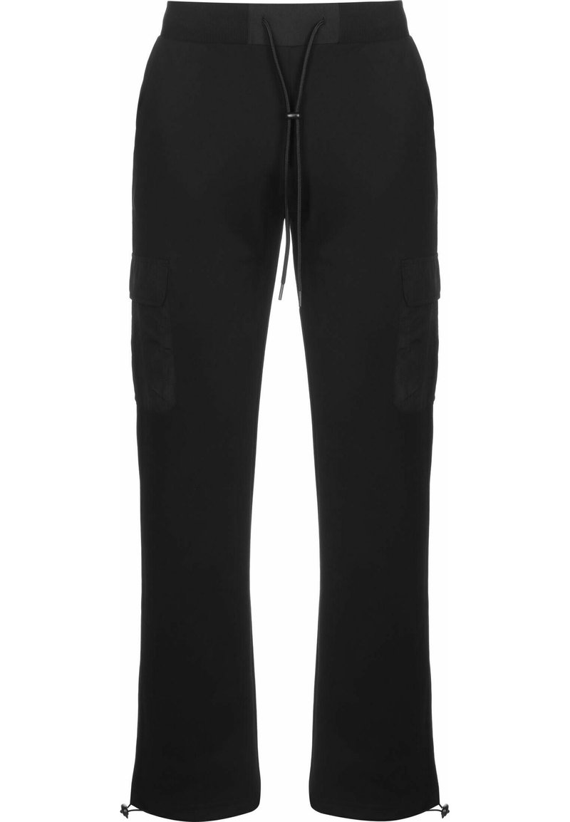Zwarte cargobroek met een trekkoord in de taille, elastische manchetten, zijzakken en een soepele textuur. Eenvoudig, functioneel ontwerp, geschikt voor casual kleding.