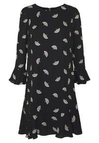 Svart klänning med långa ärmar, volangärmar och rund halsringning, med ett silverfärgat fläktmönster och en utsvängd nederkant.