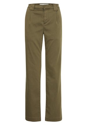 Pantaloni drept, de culoare verde olive, dintr-un amestec de bumbac, cu două buzunare frontale și fermoar. Design simplu, fără modele sau ornamente.