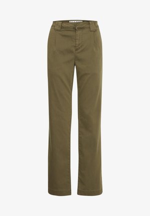 Vihreät suorat housut, jotka on valmistettu puuvillasekoituksesta, kahdella etutaskulla ja vetoketjulla. Yksinkertainen muotoilu ilman kuvioita tai koristeita.